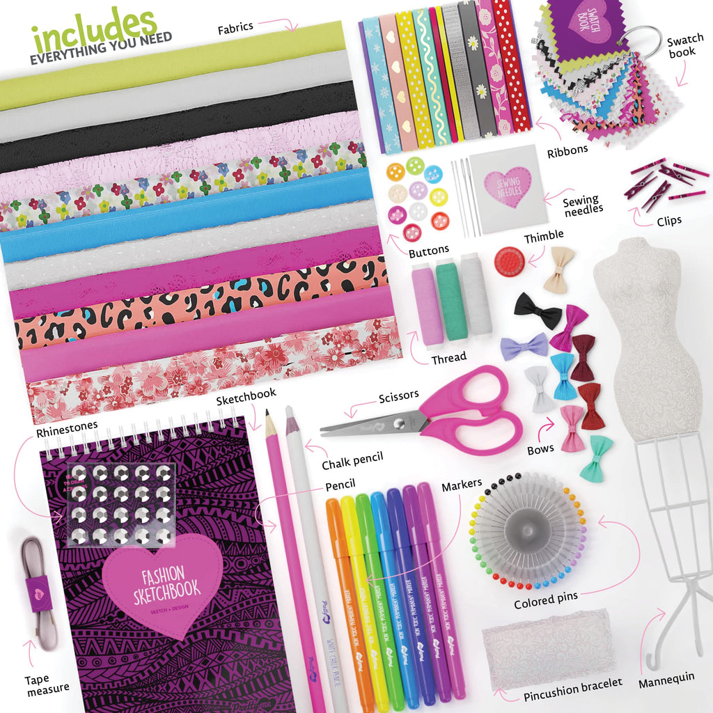 Pretty Me Fashion Design Studio - Sewing Kit for Kids - Designer Dress Girls Arts Crafts Kits Ages 8, 9, 10, 11, 12 Age - Sketch, Sew, Style - Kid Art Projects Gift - Girl Craft Activities Gifts